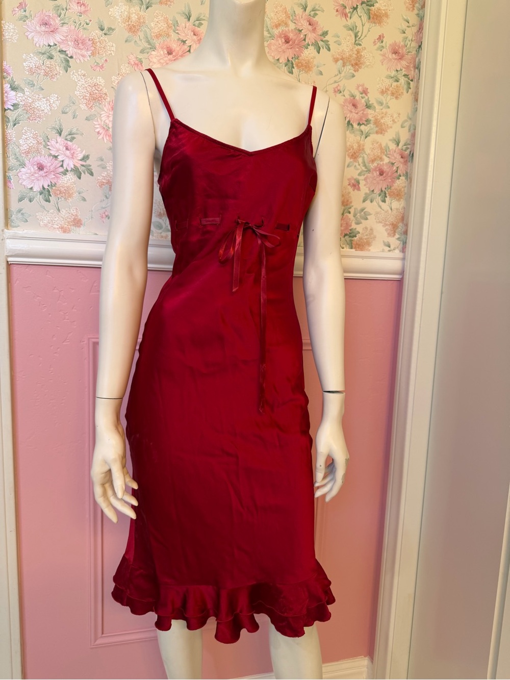Y2K bebe Burgundy Satin Slip Dress with Ruffle Hem